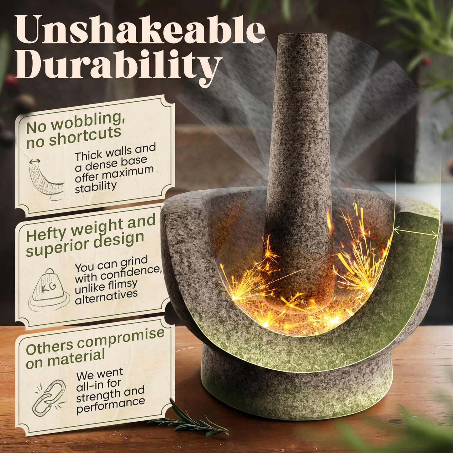 ChefSofi Mortar and Pestle Set - Black Polished Exterior - 1.5 Cup Capacity