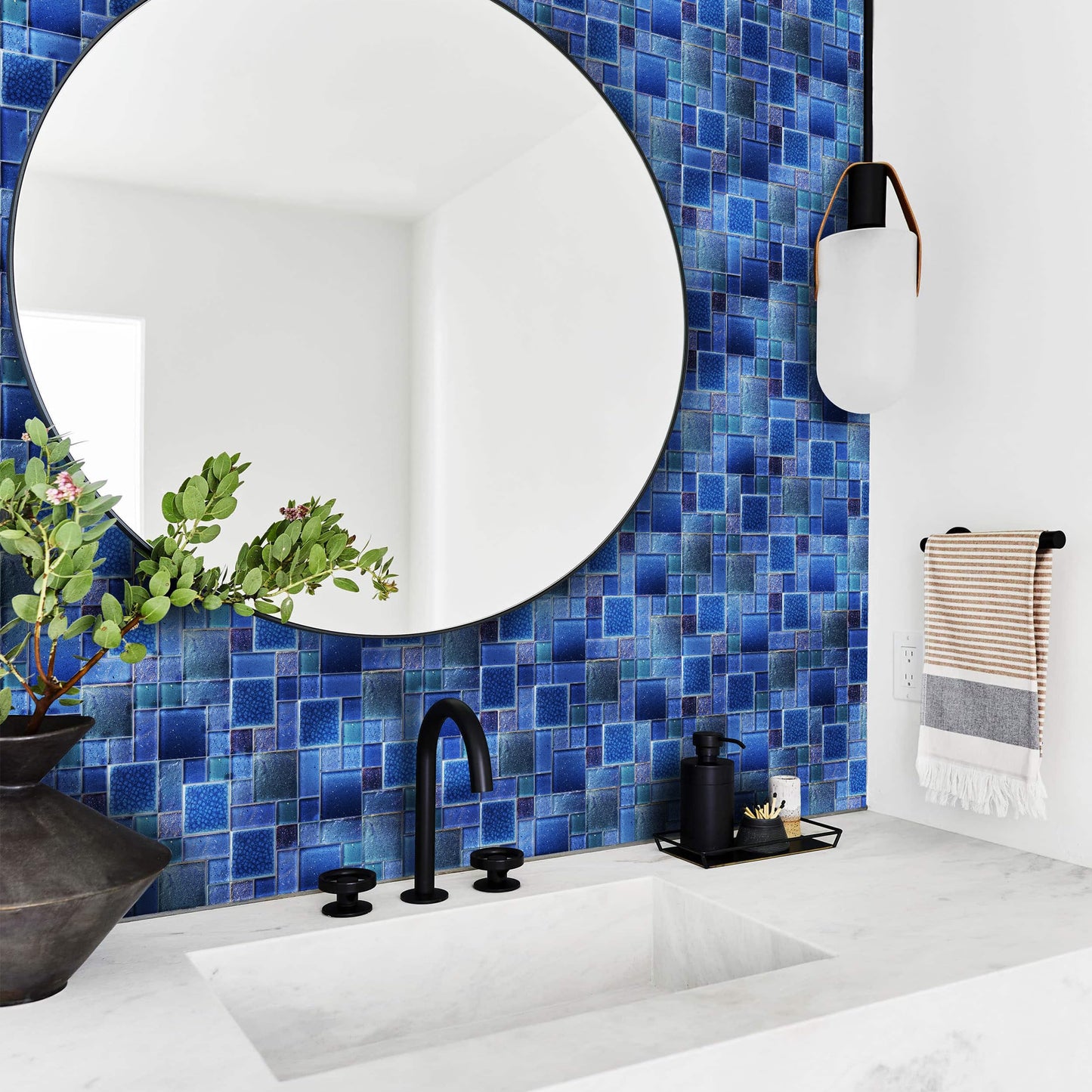 Blujellyfish Blue Glass Mosaic Tiles French Pattern Square Mosaics Sheets Iridescent Cobalt Blue Crystal Glass Ceramic Accent Wall Tile for Swimming Pool Kitchen Bathroom Backsplash (5 Square Feet)