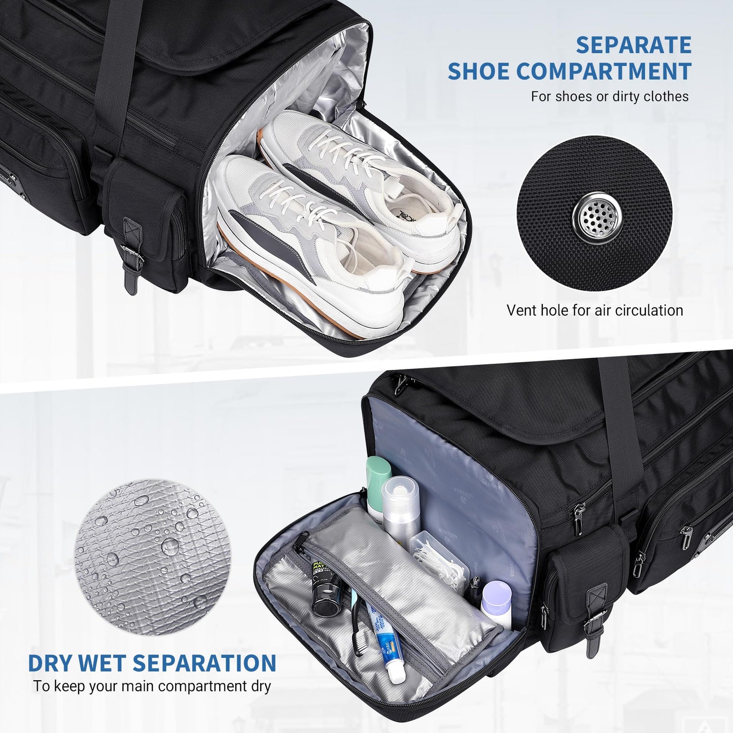 WITZMAN Duffle Bag for Men Large Carry On Weekender Bag 54L Nylon Duffle Gym Bags for Travel with Shoes Compartment(B717 Black)