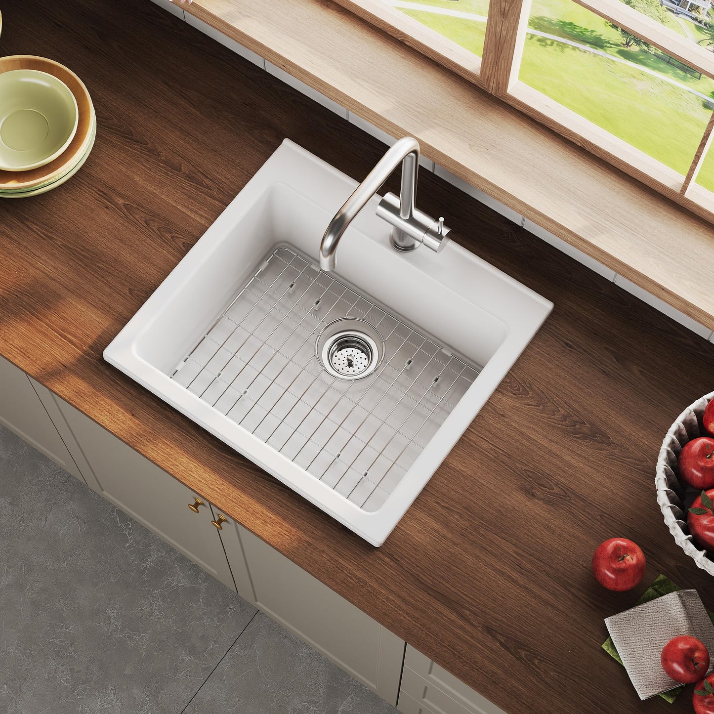 Kitchen Sink 24 Inch, Single Bowl Farmhouse Sink, Drop-in Mount, Fireclay Ceramic Basin for Kitchen, Laundry Room