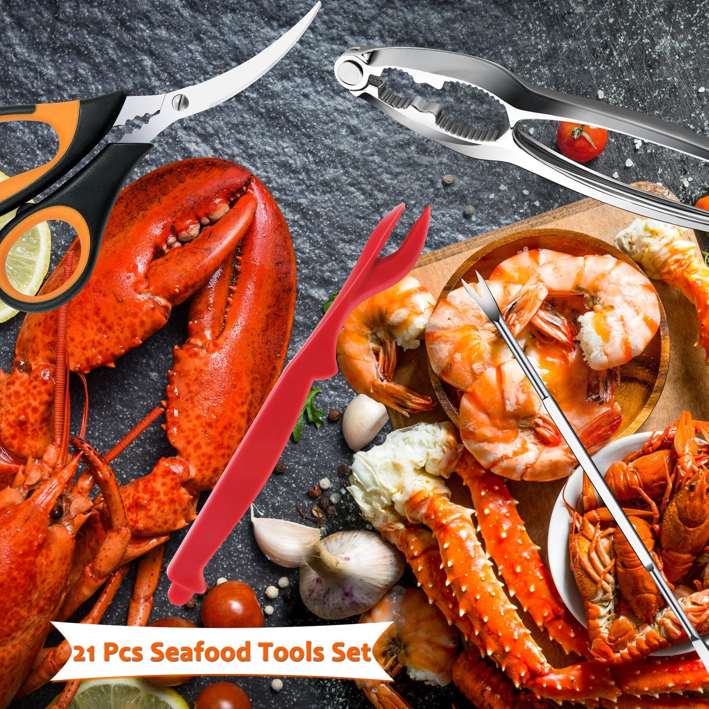 Seafood Crab Crackers and Tools, 21 Pcs Crab Leg Crackers, Nut Cracker Set, Seafood Tools Include 5 Crab Crackers, 5 Lobster Shellers, 5 Crab Leg Forks, 5 Seafood Scissors, mobzio Crab Legs Utensils