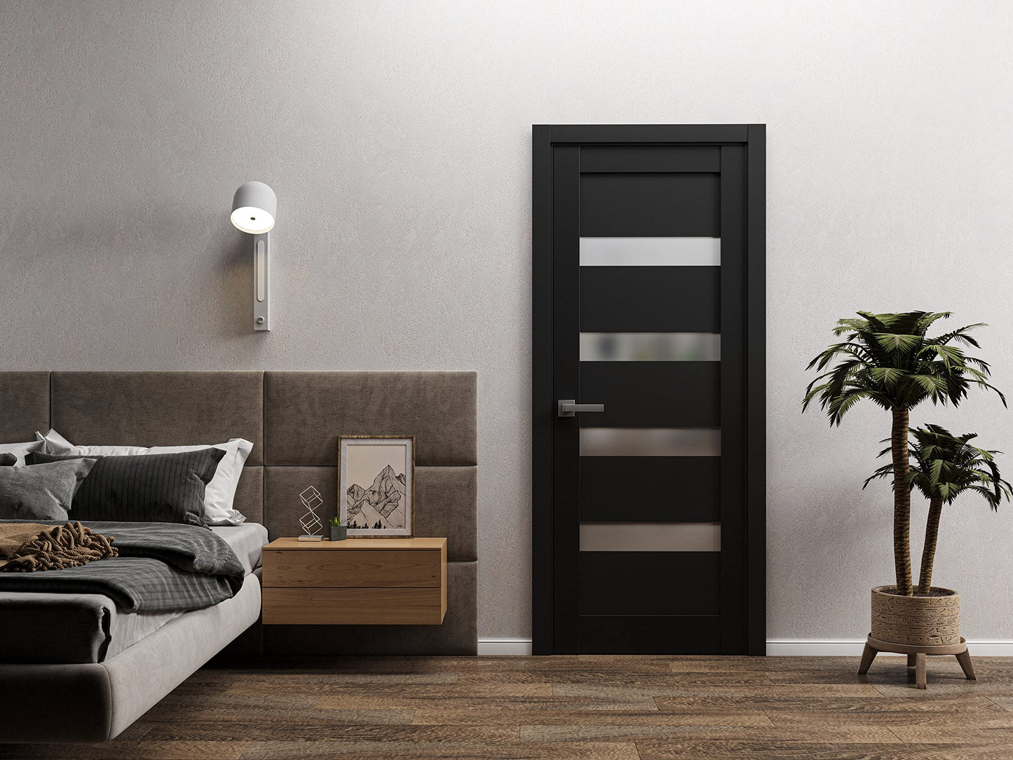 Sartodoors Quadro 4113 | 28 x 80 | Black Matte Interior Single Swing Door with Frosted Glass | Solid MDF Door in Modern French Style | Hardware Included
