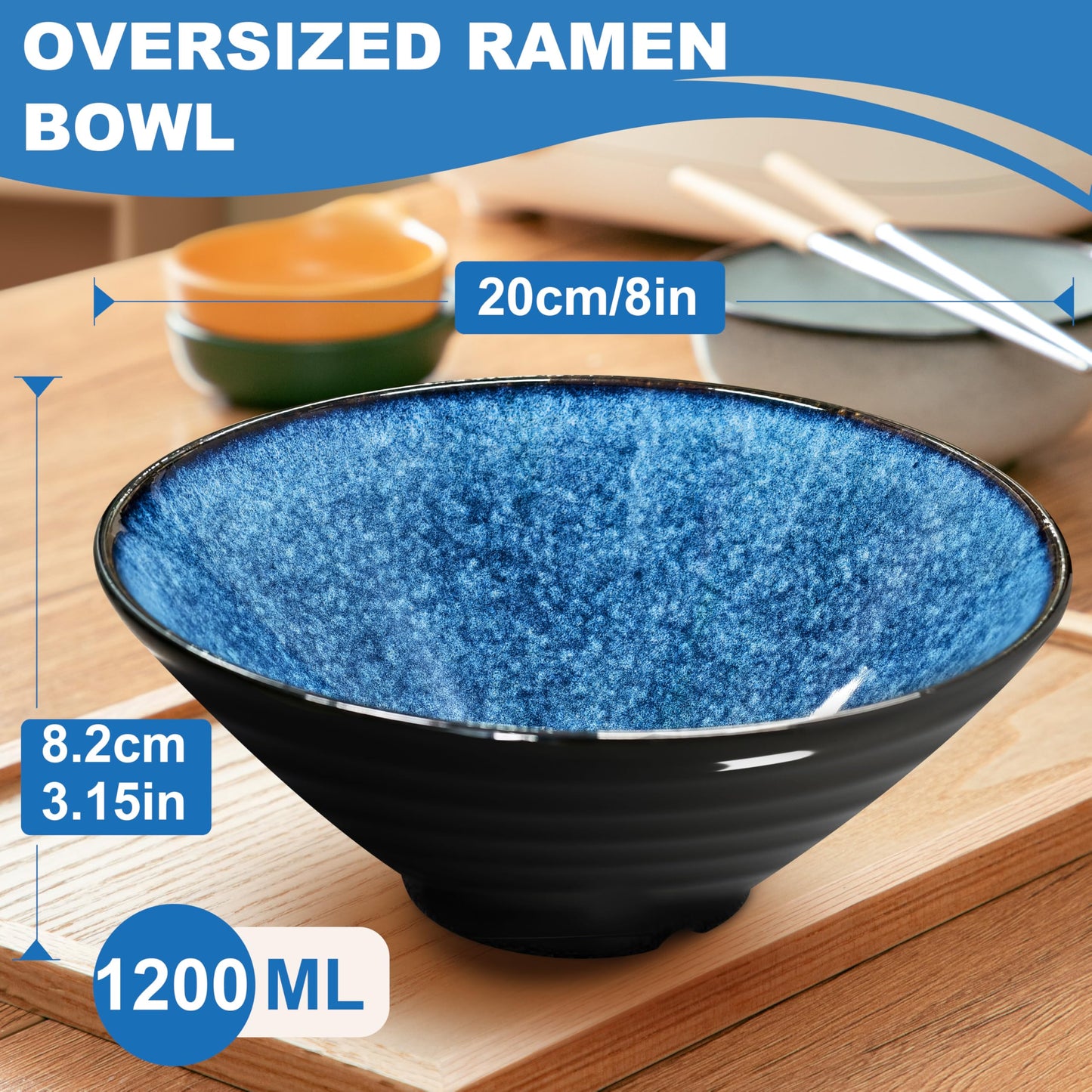 8-Inch 2 Sets Ceramic Ramen Bowl (8 Piece) - Japanese Porcelain Dishwasher Microwave Safe Salad Noodles Cereal Pasta Soup Large Bowls with Chopsticks Forks Spoons for Men Women Housewarming Gift
