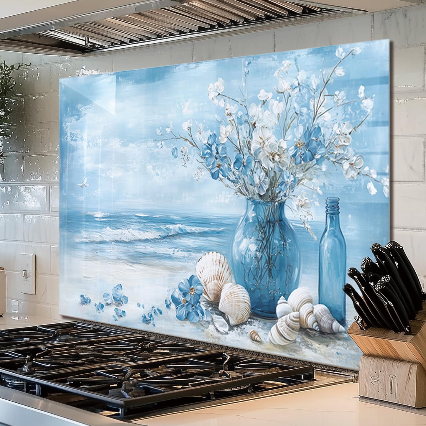 Tempered Glass Backsplash for Kitchen,Stove Splashback Protector Blue Sea Design | Heat-Resistant Splash Board, Kitchen Wall Decoration (30"x16"(76.2x40.64cm))