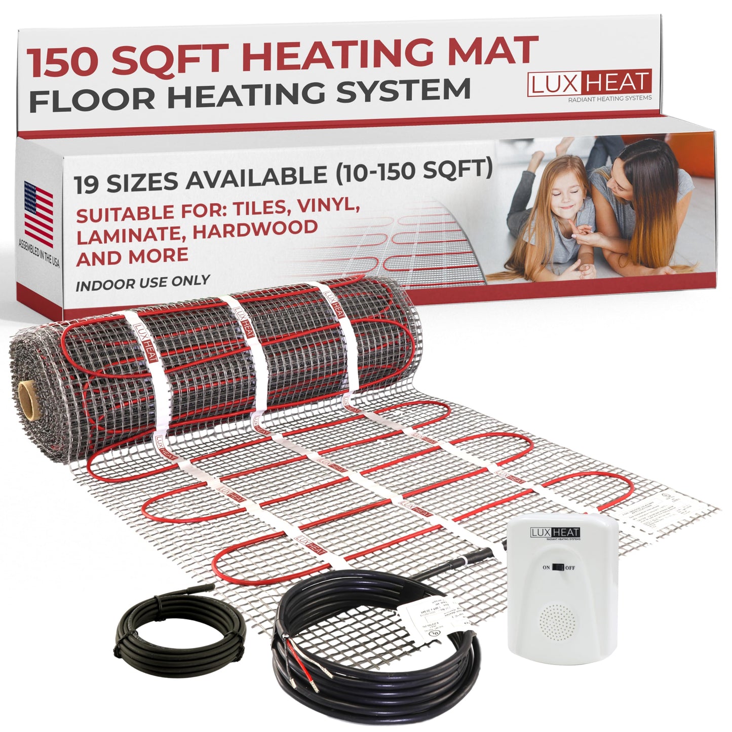 LuxHeat 150sqft Floor Heating Mat Kit - 120v Electric Radiant In Floor Heating System - Easy to Install Heated Flooring System w/Self-Adhesive Mesh Includes Monitor & Sensor - Excludes Thermostat