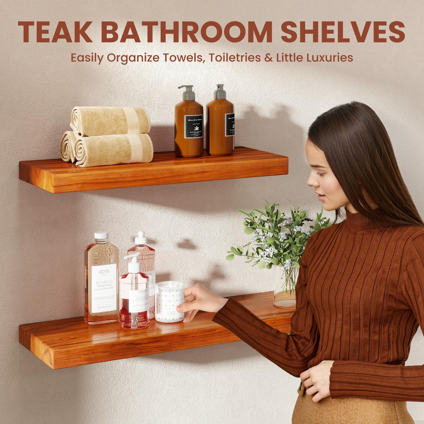 Realgulf 24 Inch Teak Floating Shelves Set of 2 - Solid Natural Wood Wall Mounted Shelves with Invisible Brackets - Heavy Duty Waterproof Storage for Bathroom, Kitchen, Living Room & Outdoor