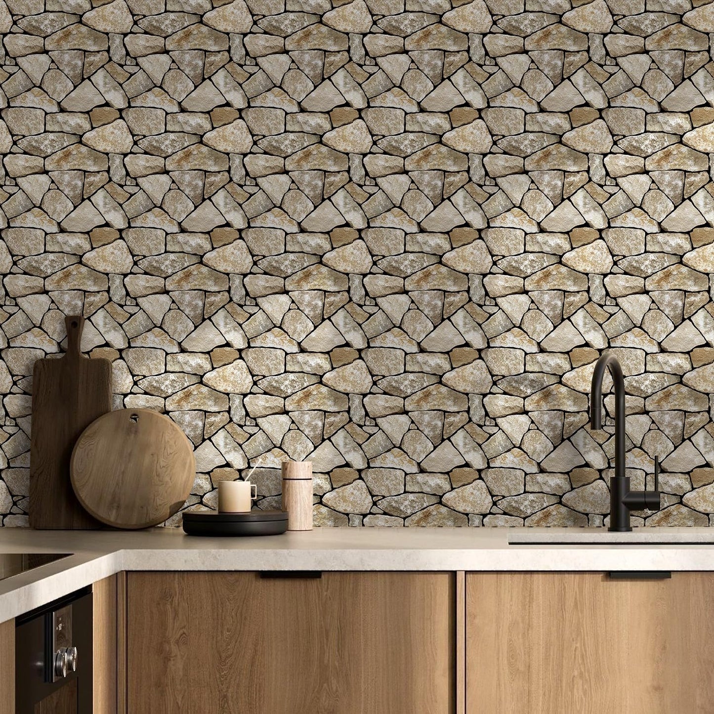Commomy 3D Faux Stone Peel and Stick Wall Tiles - Fake Stone Wall Sticker 10 Pcs of 11.8" x 11.8" Thin Ultralight PVC Rock Wall Tile Interior Wall Covering Kitchen Backsplash,Interior Wall Decor