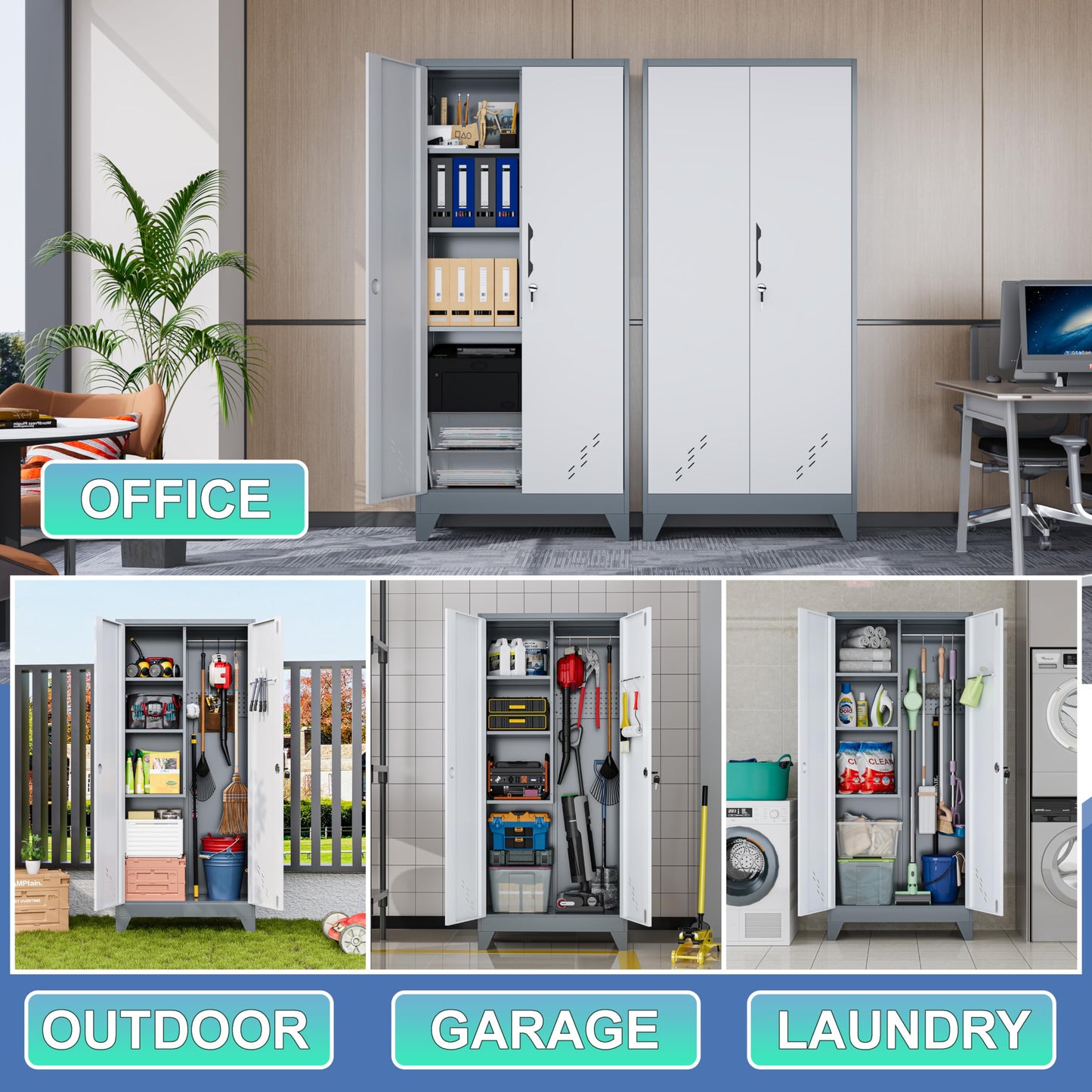 OSKEBABO Broom Closet Storage Cabinet, Garage Storage Cabinet with Pegboard & Hanging Rod, 61" H Metal Utility Cabinet with Lockable Doors for Garage, Laundry Room, Home Office, Gray and White