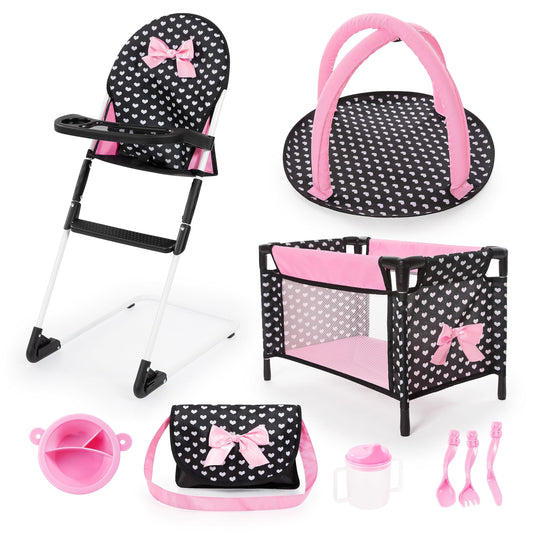 Bayer: Travel 9 Piece Set - Black, Pink, Hearts - Bed, Highchair, Playground & Accessories for Dolls Up to 18", Kids Toy, Ages 3+