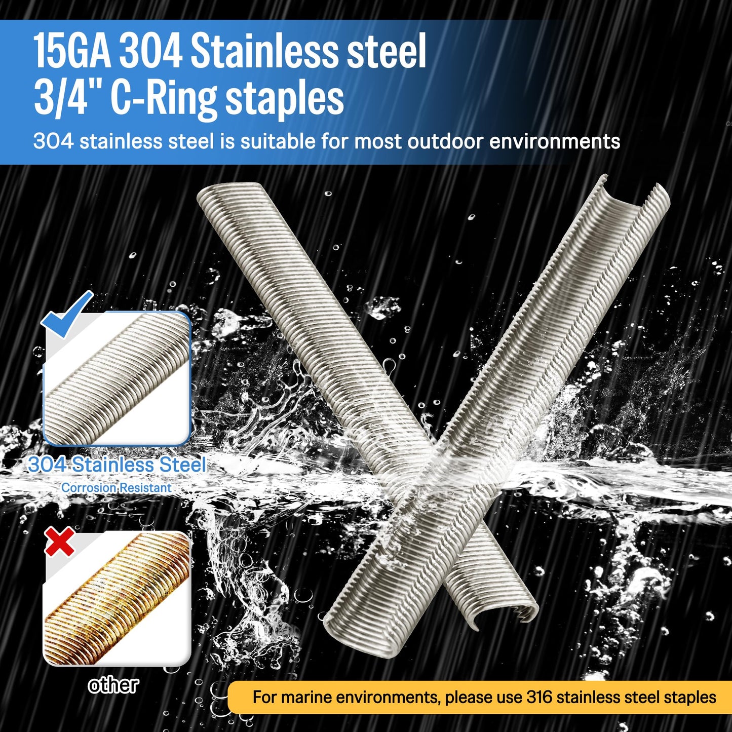 meite 15 Gauge 3/4" Hog Rings, 304 Stainless Steel Hog Ring Staples for SC7C Hog Ring Stapler, C Ring Staples for Construction Mesh, Livestock Fencing, Fishing Traps (10,000 Counts)