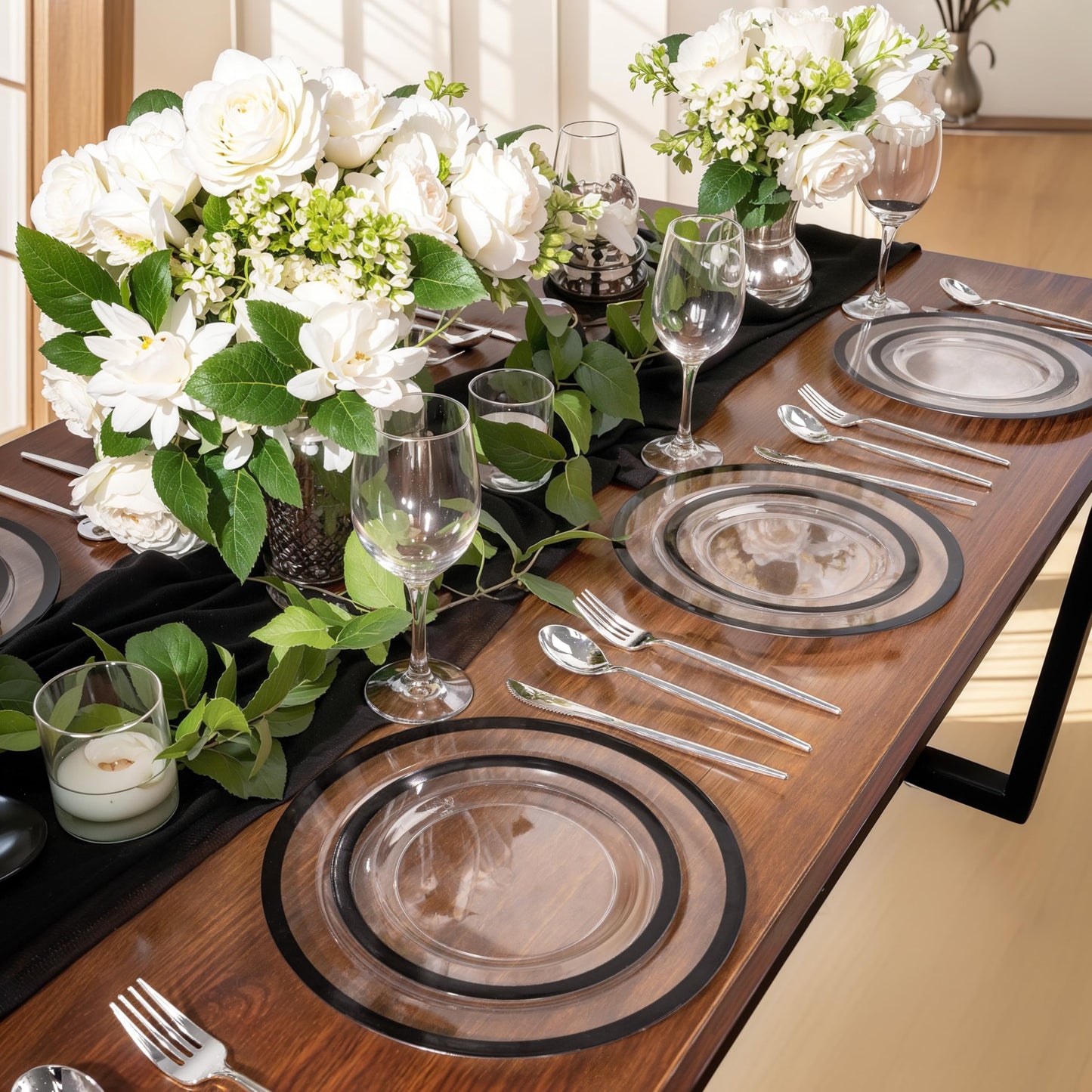 U-QE 120pcs Black Plates Disposable for Party - Clear and Black Plates Disposable Heavy Duty - Fancy Disposable Plates Include 60 10" Dinner and 60 7" Dessert Plate, Perfect for Party & Wedding