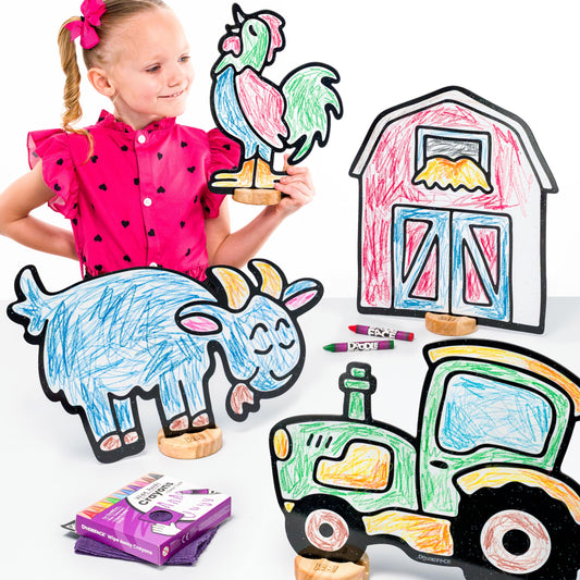 DoodleFace Farm Companion Toy Set for Kids: Color, Play, Wipe Away with Crayons and Eraser. Educational Reusable Coloring Toy with Barn, Goat, Rooster, Tractor.