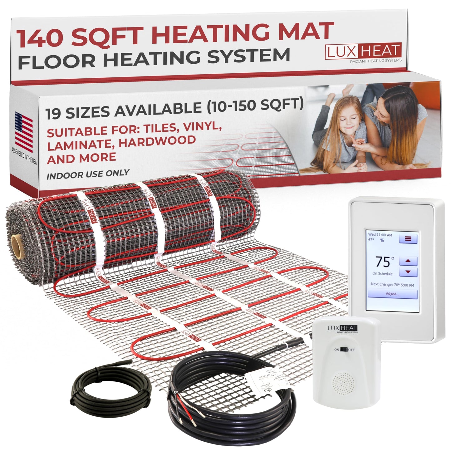 LuxHeat 140sqft Floor Heating Mat Kit – 120v Electric Radiant in Floor Heating System – Heated Flooring System for Tile & Laminate - Includes UDG4 Programmable Thermostat w/GFCI, Alarm & Sensor
