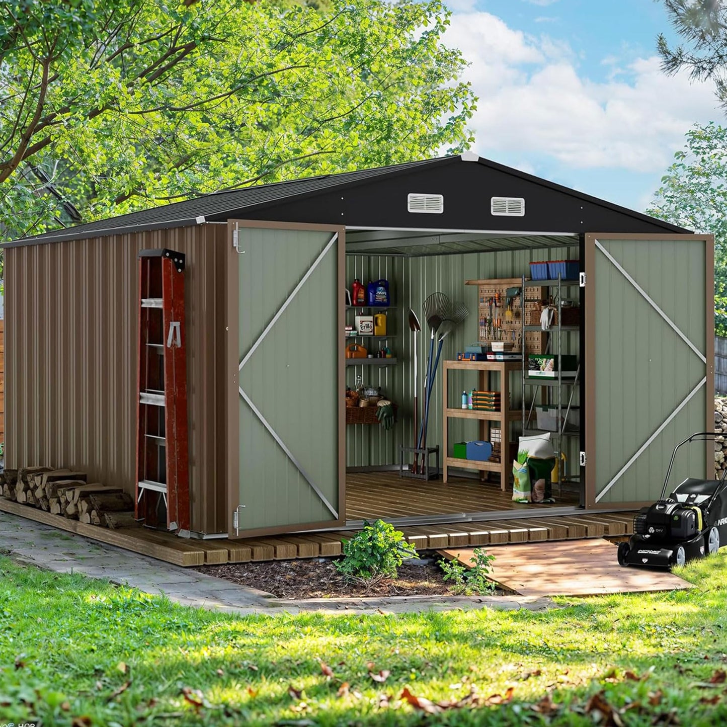 Devoko 10 x 10 FT Outdoor Storage Shed, Metal Garden Sheds & Outdoor Storage Clearance, Large Tool Shed Outdoor with Single Lockable Door for Patio Lawn Backyard (Brown)