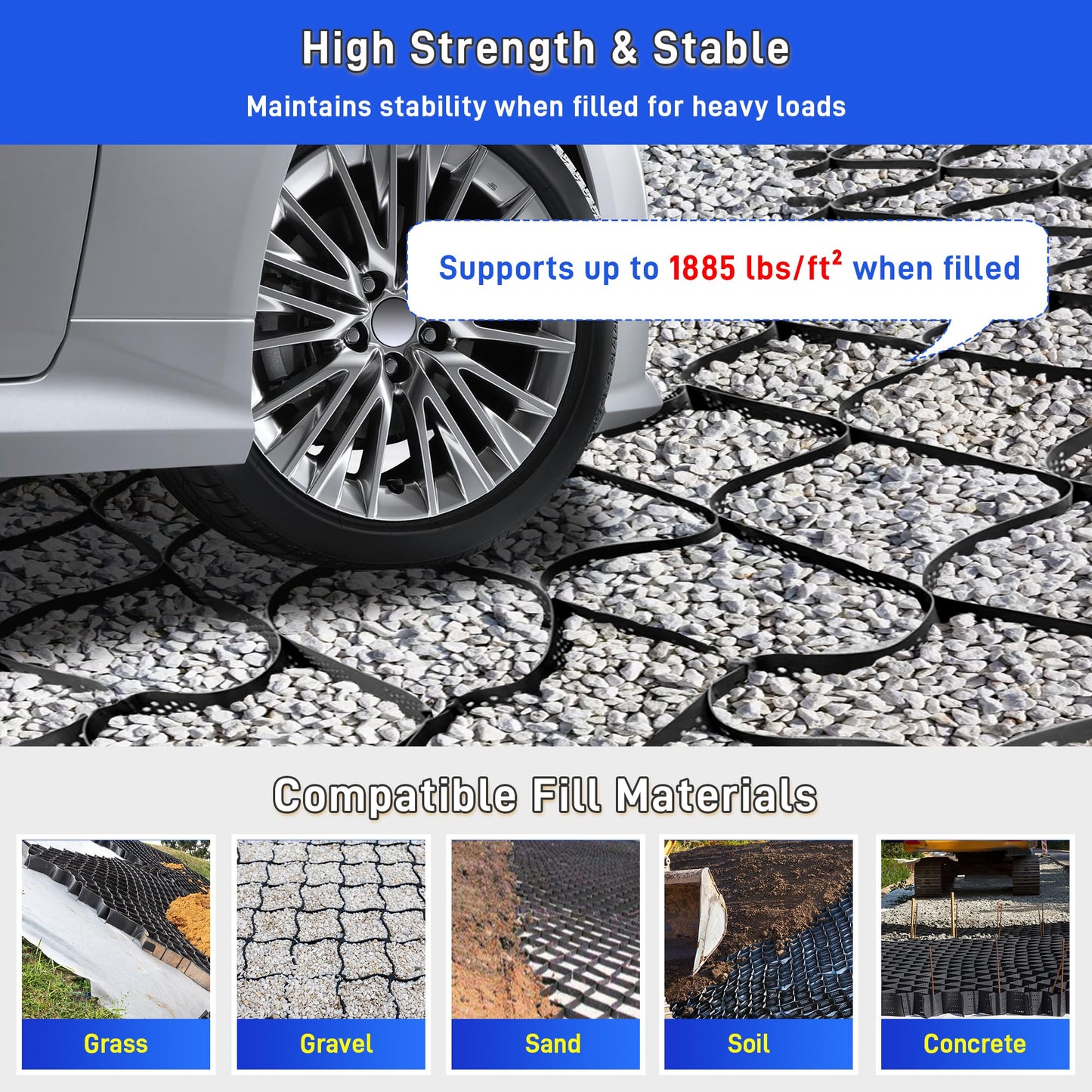 3" Thick Gravel Grid 49.5x6.5 FT, Geo Ground Grid with Connectors and Stakes, Geo Cell Gravel Retainer 1885 LBS Per Sq ft Stabilization System for Driveway DIY Patio Pavement Park Garden & Slope