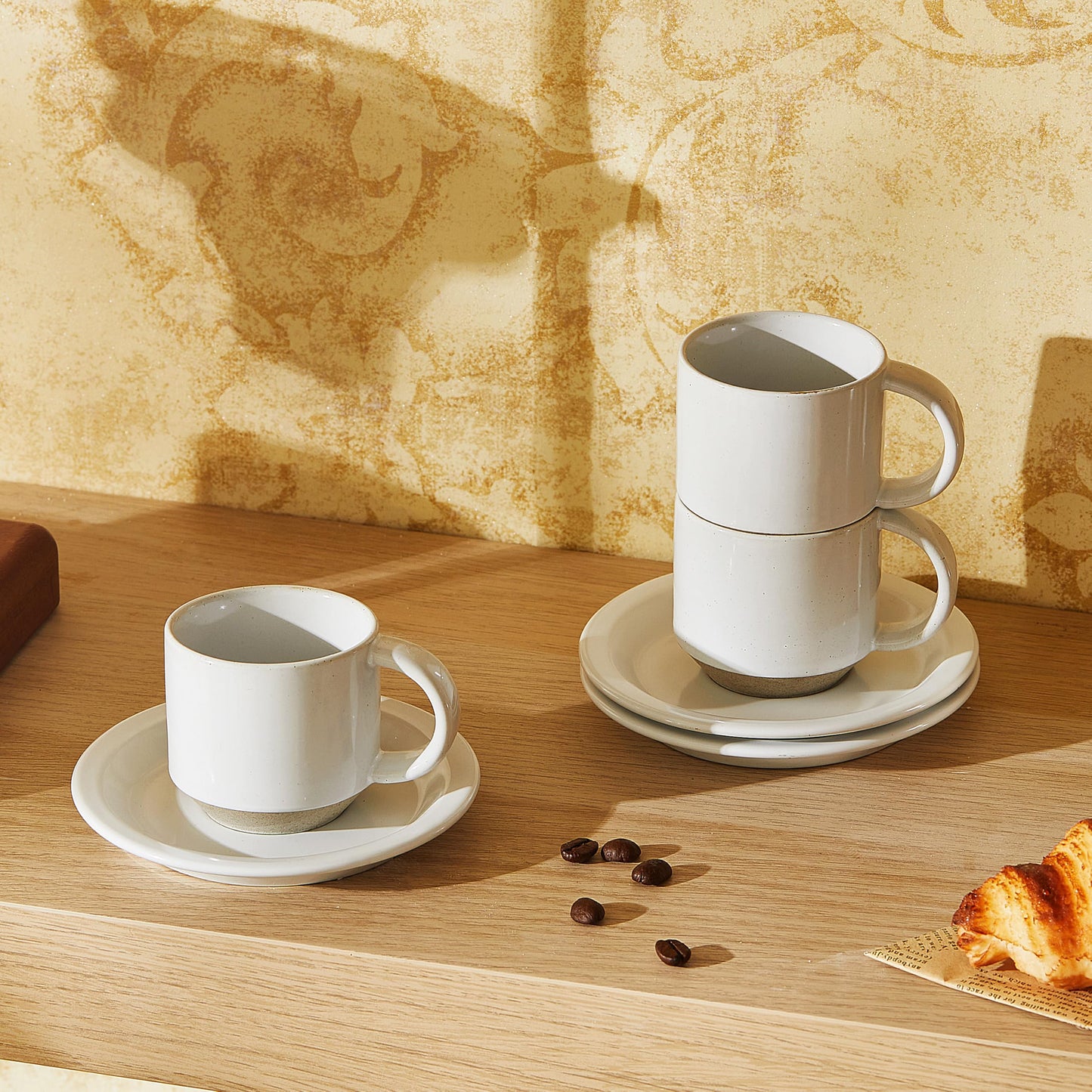 Giroflier Oak Espresso Cups Set of 4, 3 oz Demitasse Cups, Modern Style, Microwave & Dishwasher Safe (Snow)