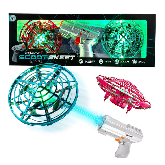Force1 Scoot Skeet 3pk Mini Drone Electronic Shooting Game for Kids and Adults- 2 Hand Drones for Kids with LED Toy Gun Set, Ultimate Electronic Target Games, Indoor Flying Orb Ball Toys (Pink/Blue)