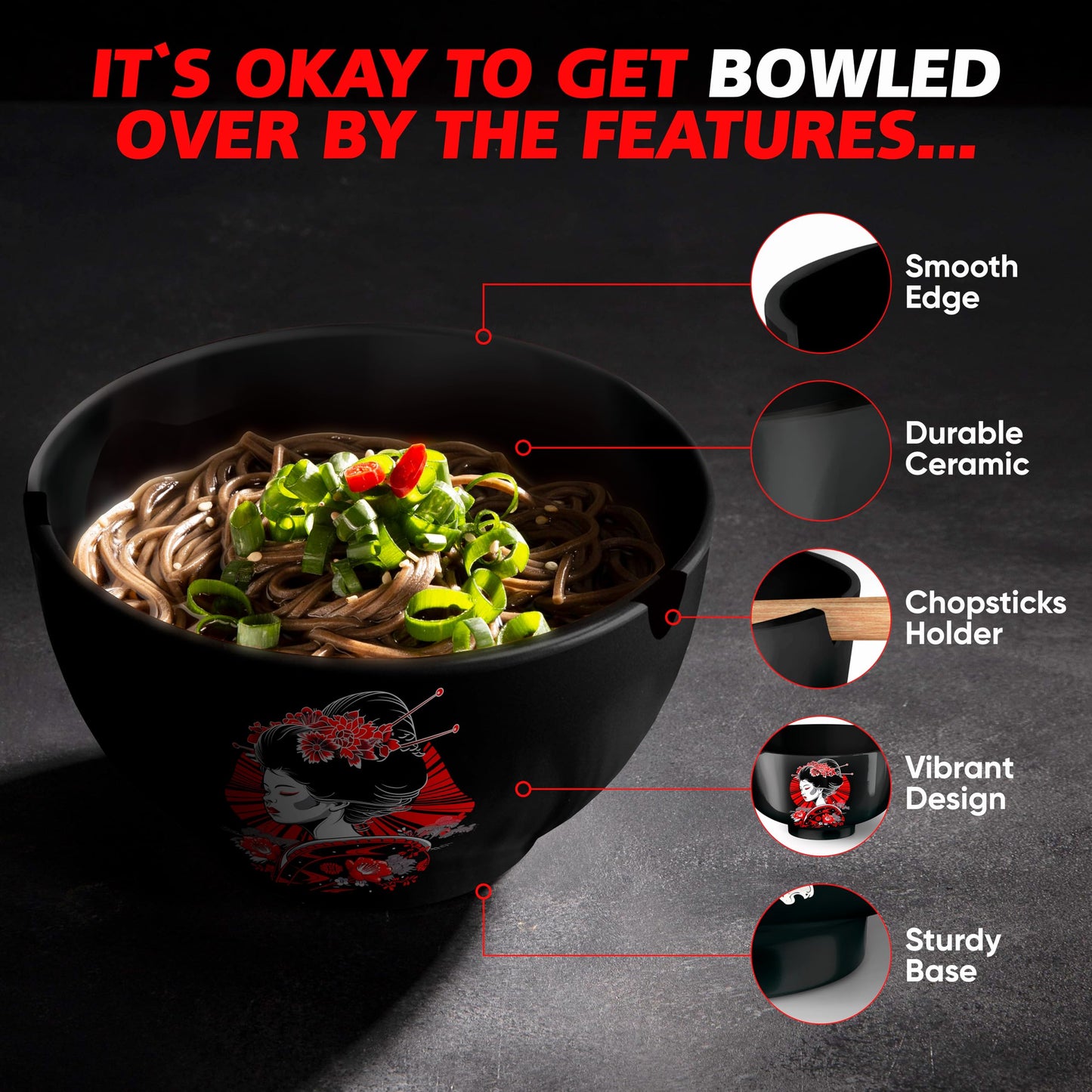i2 Home Japanese Ramen Bowl Set of 4-20 Pcs, 32 Oz Ceramic Microwaveable & Dishwasher Safe Large Noodle Bowls with Lid & Built-In Chopstick Holder, Pho, Udon, Thai, Korean, Rice - 6.5 Inch