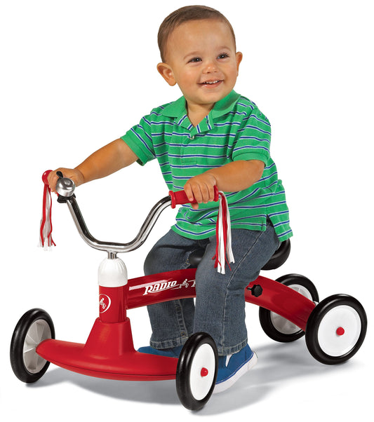 Radio Flyer Scoot About Ride On, For Toddlers 1-3, Adjustable Seat, Stable Wide-Set Front Wheels, Clear Kick Path, Furniture-Friendly Bumper, Easy-Glide Wheels, 42 lb Capacity, Toddler Ride On Toys