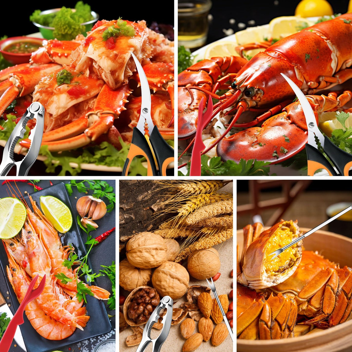 Seafood Crab Crackers and Tools, 21 Pcs Crab Leg Crackers, Nut Cracker Set, Seafood Tools Include 5 Crab Crackers, 5 Lobster Shellers, 5 Crab Leg Forks, 5 Seafood Scissors, mobzio Crab Legs Utensils