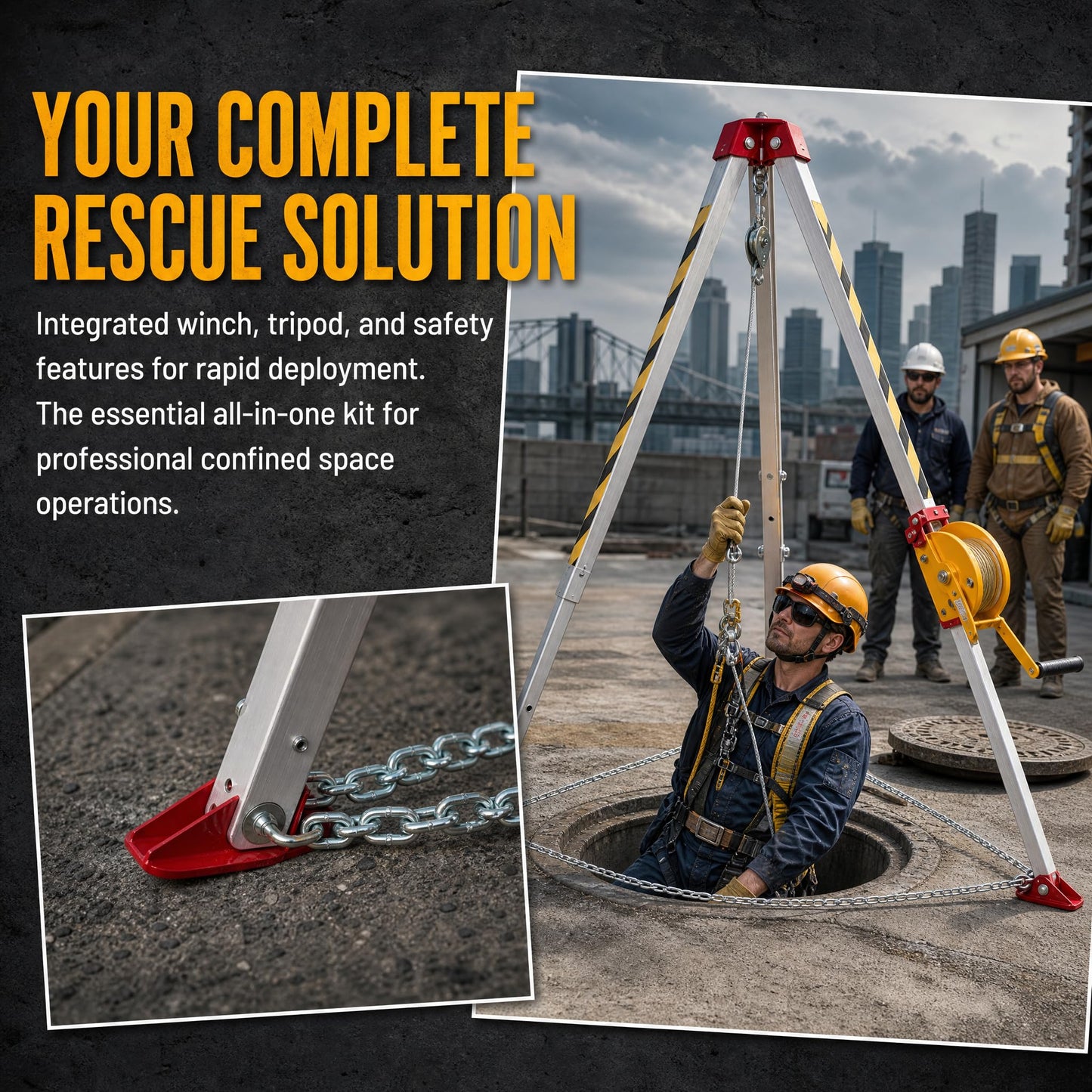 Fall Protection Equipment 1800lbs Confined Space Tripod Kit 98.43ft Steel Wire Rope Lifting Winch Adjustable Height 4.40-7.1FT Rescue Tripod System Aluminium Safety Device