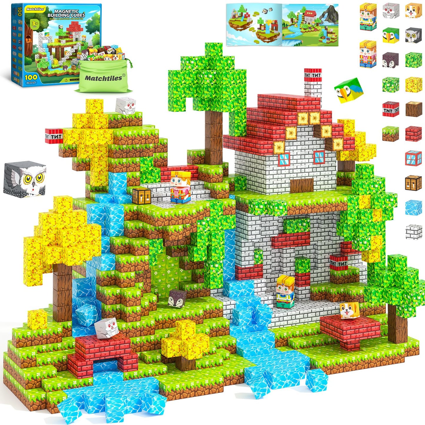 Matchtiles Magnetic Blocks with Animals, Magnetic Building Blocks Magnet Cube Toys Stacking, Build Forest World Set, STEM Montessori Sensory Toys for Gifts (100 Forest Animals)