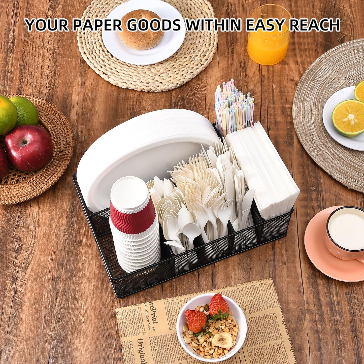 VIKEYHOME Paper Plate Organizer for Countertop, Metal Silverware Caddy with 6 Compartments for Cup, Napkin, Utensil Holder Caddy for Party, Camping, Picnic