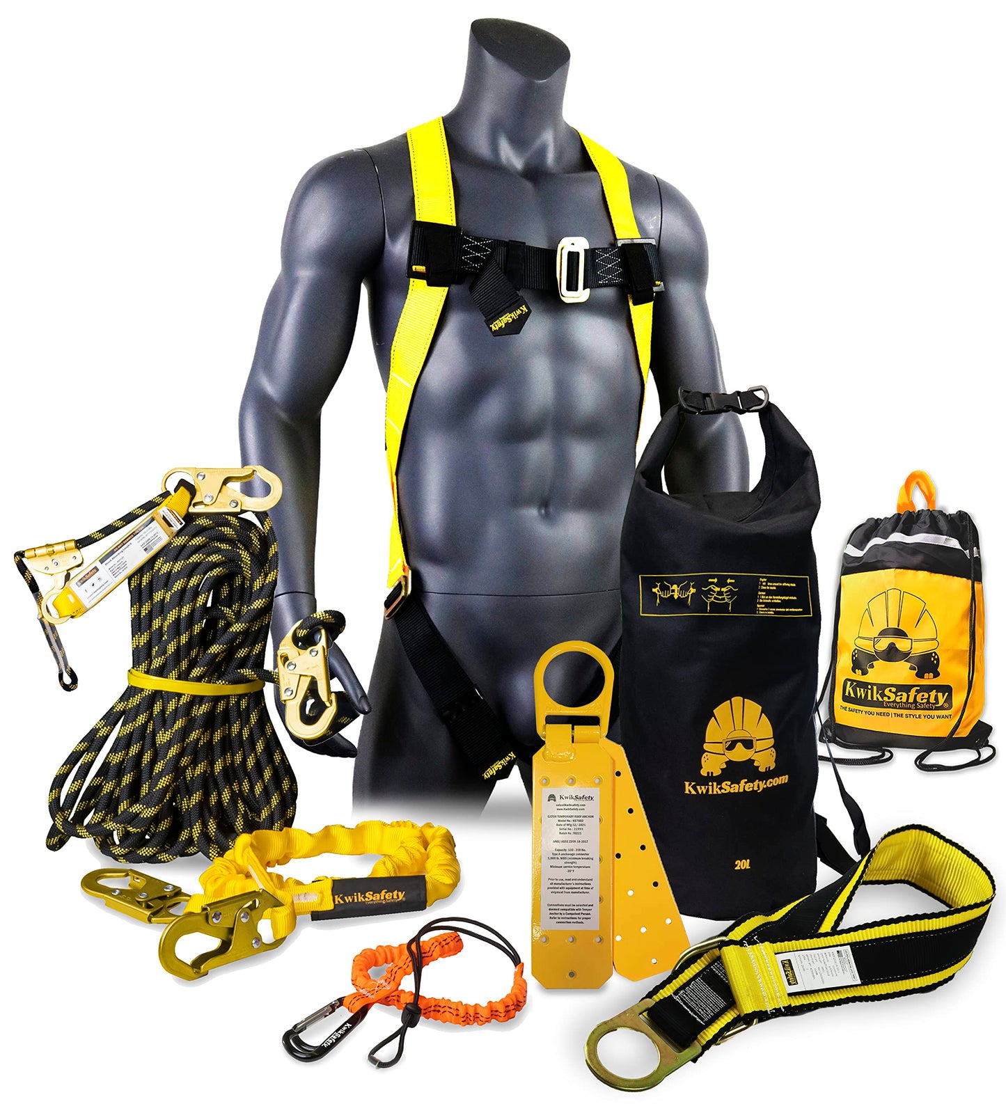 KwikSafety - Charlotte, NC - TSUNAMI BUNDLE [Premium BRAIDED ROPE] Vertical Lifeline, Safety Harness, Safety Lanyard, Cross Arm Strap, Tool Lanyard, Roof Anchor, 20L Dry Bag ANSI OSHA | 100 FT.