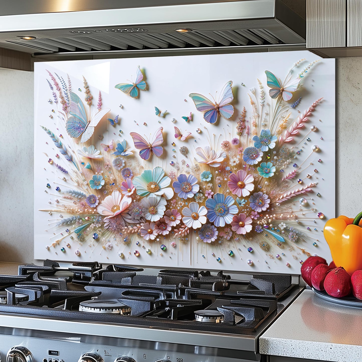 DAIFURONGE Tempered Glass Backsplash for Kitchen, Butterfly Flower Design Stove Backsplash Panel, Easy to Clean, Wall Decor, Art Deco 1, 30"x16"(76.2x40.64cm)