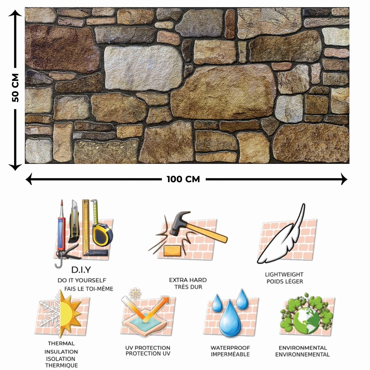 Dundee Deco 3D Wall Panels - Cladding, Brown Off-White Stone Look Wall Paneling, Styrofoam Facing for Interior and Exterior Applications, DIY, Set of 10, Covers 54 sq ft