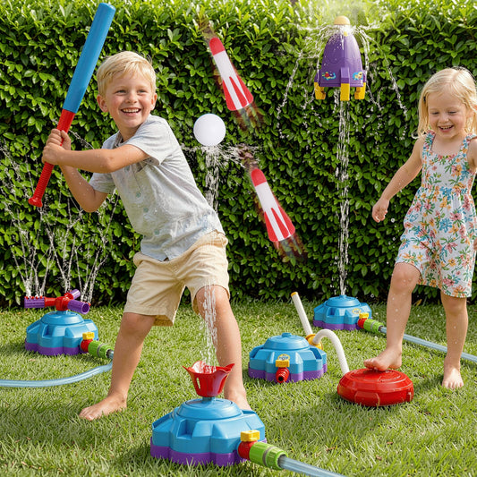 4-in-1 Water Sprinkler for Kids, Water Sprinkler Baseball Toy, Rocket Sprinklers, Rocket Launch Game, 360°Rotating Sprinklers Outdoor Summer Toys for Boys Girls