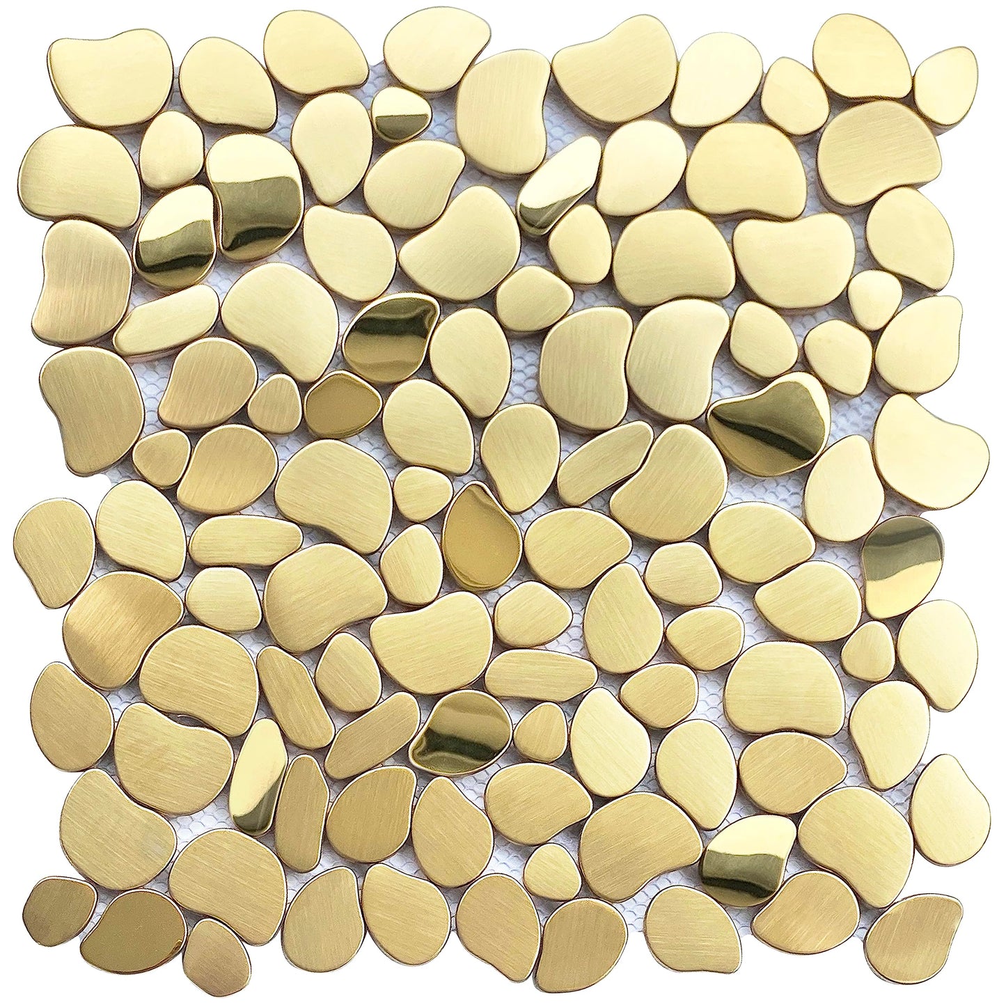 Primoon Golden Metal Pebble Mosaic Tiles, 5 Sheets Stainless Steel Backsplash Mesh Mounted, 12×12 Inches Waterproof Metal Tile, Gold Wall Tiles for Kitchen Bathroom Backsplash Shower Stove Backsplash