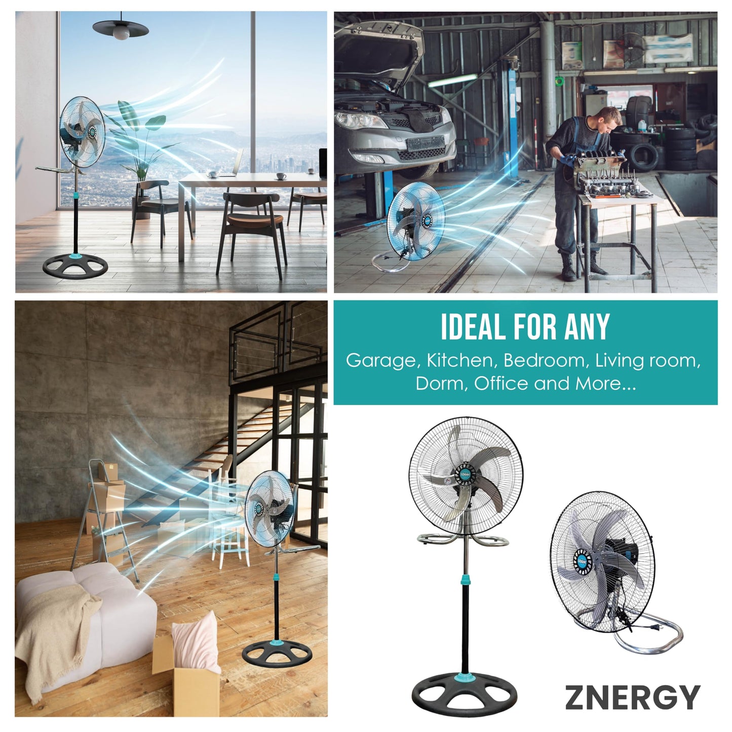 ZNERGY 2 Packs 3850CFM 18inch 2in1 Modern Industrial Floor and Stand Fans Metal Blades 3 Speeds Oscillation Adjustable Heights for Livingroom, Dining Room, Bedroom, Dorms, Garage and Kitchen