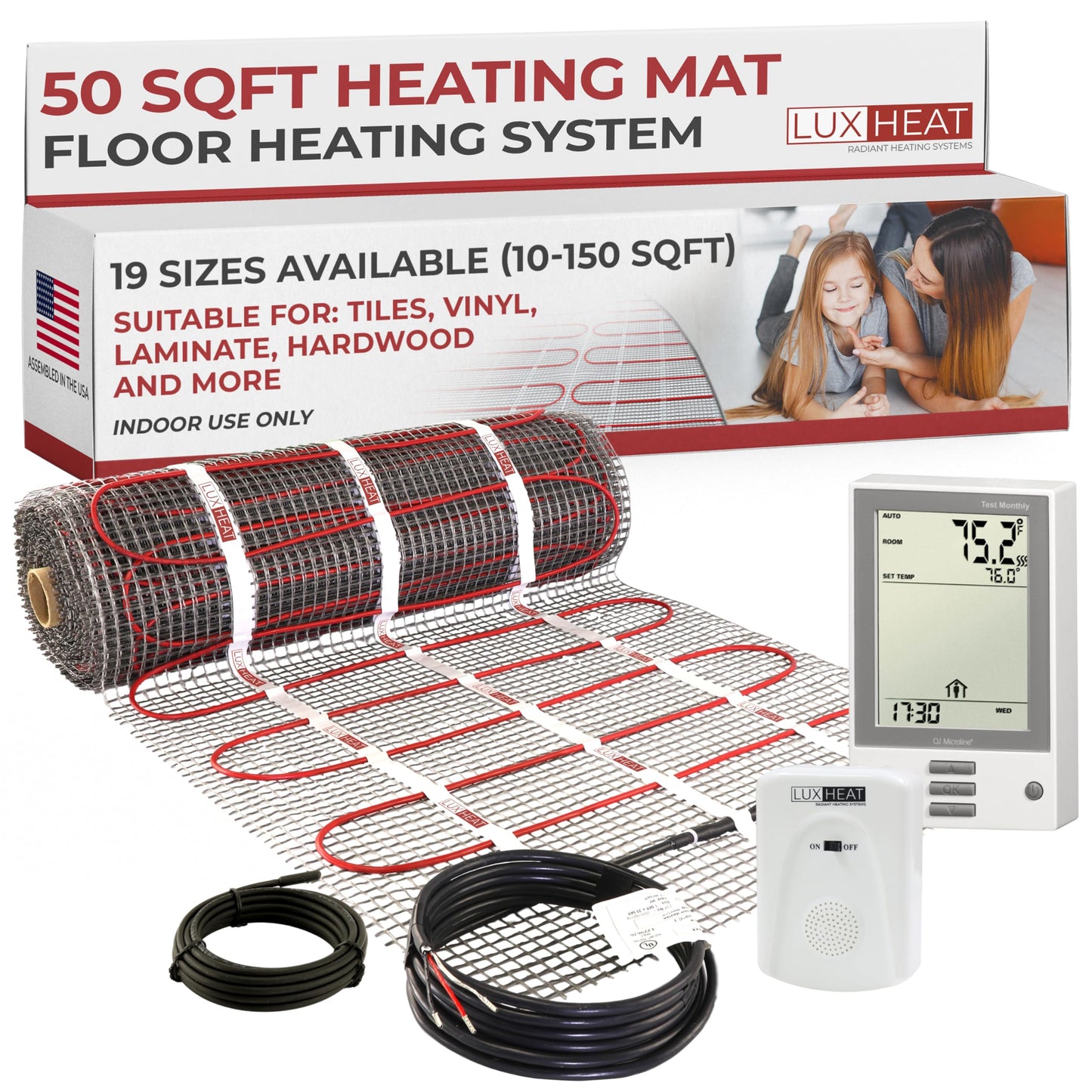 LuxHeat 50sqft Floor Heating Mat Kit – 120v Electric Radiant Heated Floor Kit – Heated Flooring System for Tile & Laminate - Includes UDG Programmable Thermostat w/GFCI, Alarm & Sensor