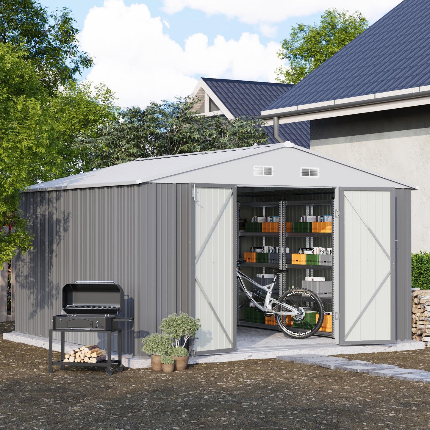 Patiowell 10' x 10' Metal Storage Shed for Outdoor, Steel Yard Shed with Design of Lockable Doors, Utility and Tool Storage for Garden, Backyard, Patio, Outside use, Grey