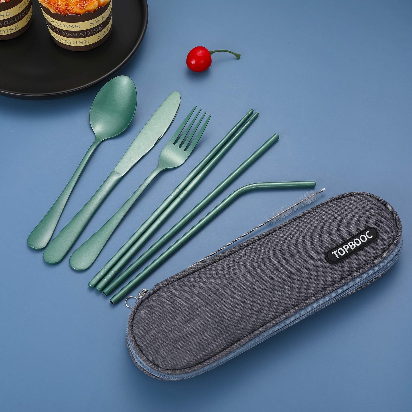 Portable Stainless Steel Flatware Set, Travel Camping Cutlery Set, Portable Utensil Travel Silverware Dinnerware Set with a Waterproof Case (Green)