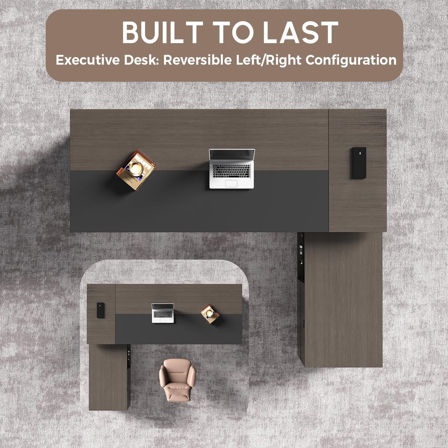 ZIMASYA Reversible L-Shaped Executive Desk with Drawers, Storage Cabinet, Built-in Power Hub & Privacy Panel, Obsidian Grey & Mocha Walnut (79" L * 65" W * 30" H)