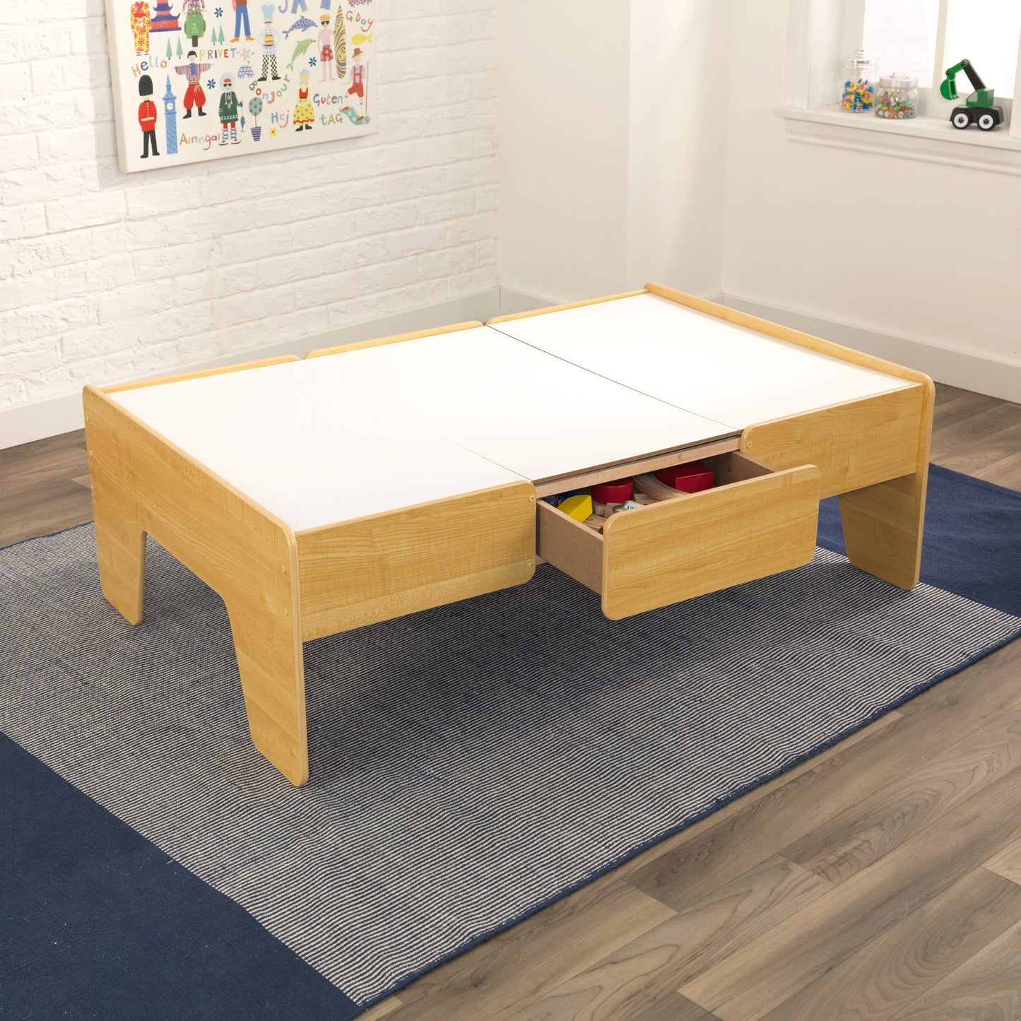 KidKraft Double-Sided Wooden Train and Activity Table with Built-in Storage Drawer, Natural, Gift for Ages 3+