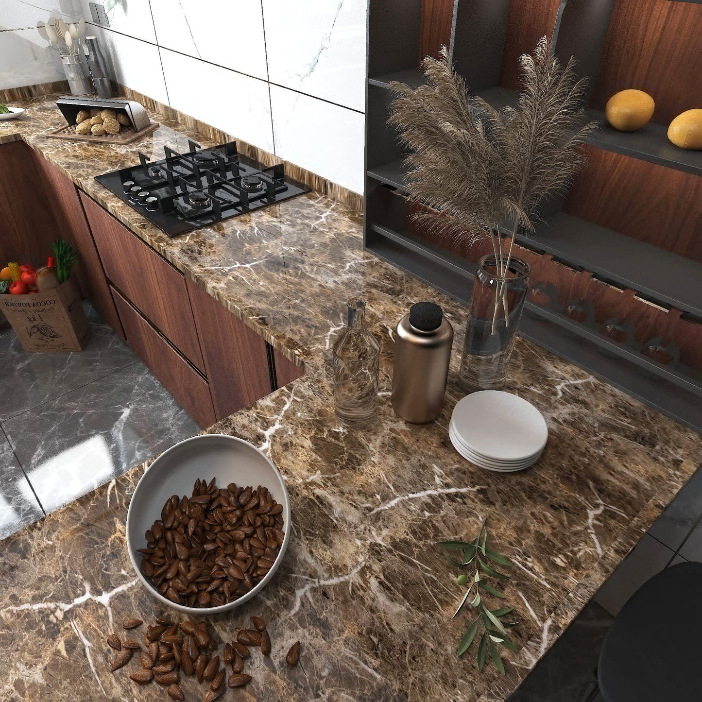 Burgeliy Peel and Stick Waterproof Wallpaper24×196in Vinyl Wrap Protector Auto Modification Tint Film Dark Brown Marble Shiny Granite for Kitchen Countertops Table Desk Furniture Self Adhesive Film