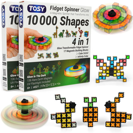 TOSY Magnet Fidget Spinner Glow - 16 Blocks, 3in1 Toy: Transformable Fidget Spinner, Infinity/Puzzle Cube, Easter Basket Stuffers Gift for Kids/Adults, Glowing STEM Sensory Stress Relief, 2-Pack