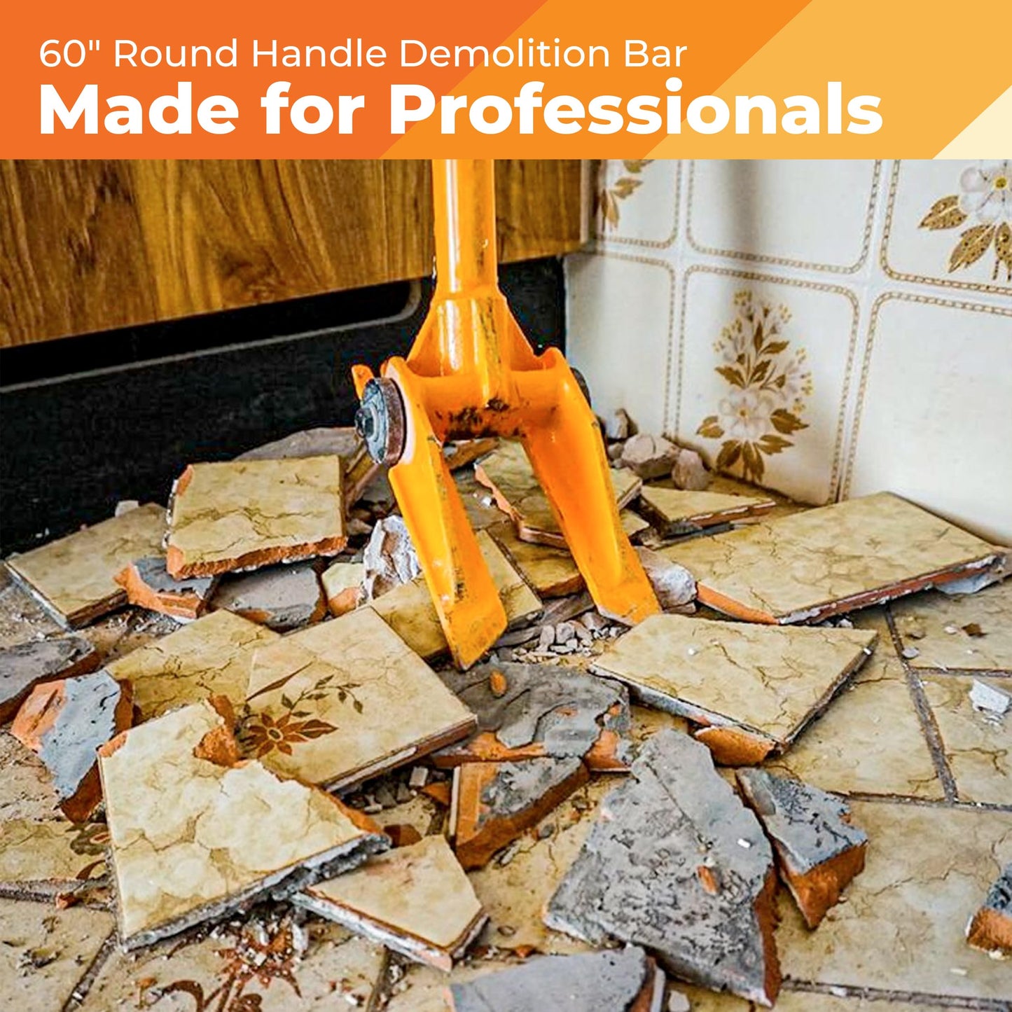 Gutster 60” Demolition Pry Bar & Crowbar – Round Handle Wrecking Bar for Ceiling & Wall Demo – Heavy Duty Nail Puller Tool for Contractors, Firefighters & Home Renovations