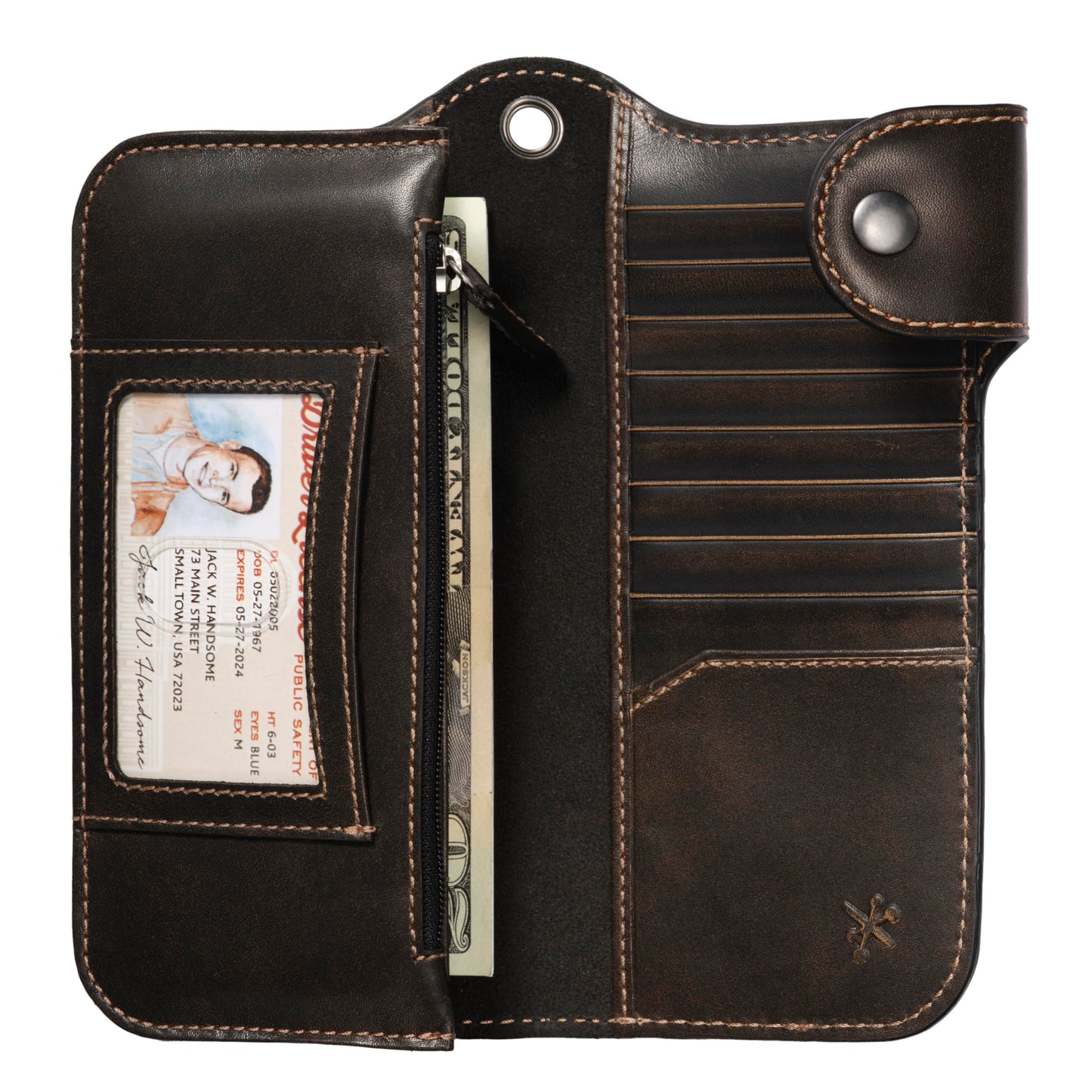 House of Jack Co. Skull Biker Wallet for Men, Long Motorcycle Wallet with Grommet & Snap Closure, Full-Grain Cowhide Leather, Vintage Black (Chain Not Included)