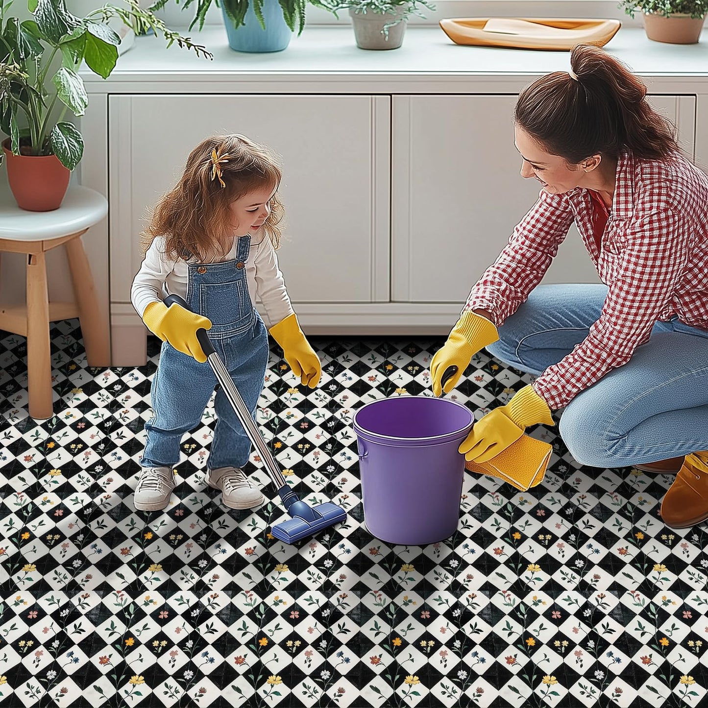HOMETITUTE 10PCS 12x12 Inch Floral Checkerboard Peel and Stick Floor Tiles Removable Self Adhesive Vinyl Flooring Stickers for Kitchen Entryway Studio Home Decor
