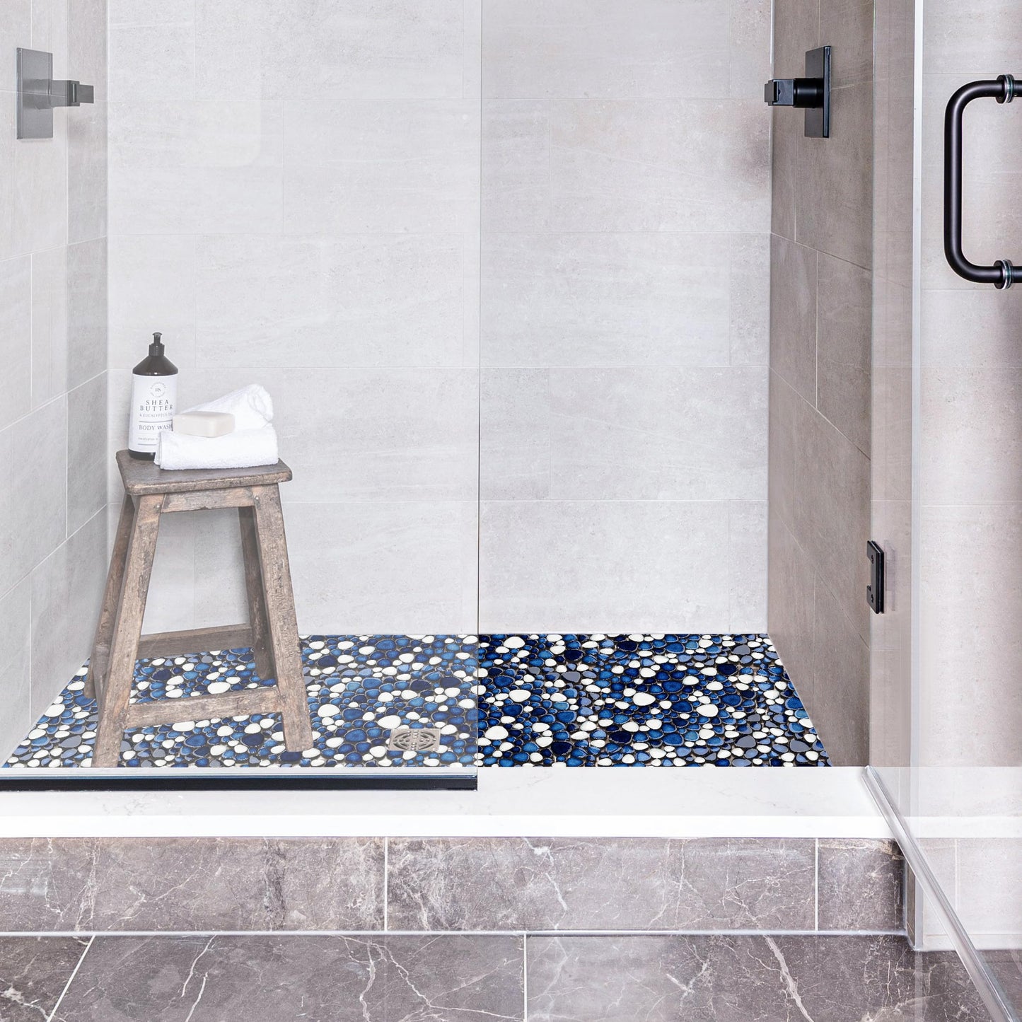 Primoon Pebble Ceramic Tiles 5 Sheets, Heart-Shaped 12x12 Floor Tile Ceramic, Dark Blue Mosaic Tiles Mesh Mounted, Waterproof Porcelain Tile Decorative for Kitchen Bath Backsplash Shower Floor Pool