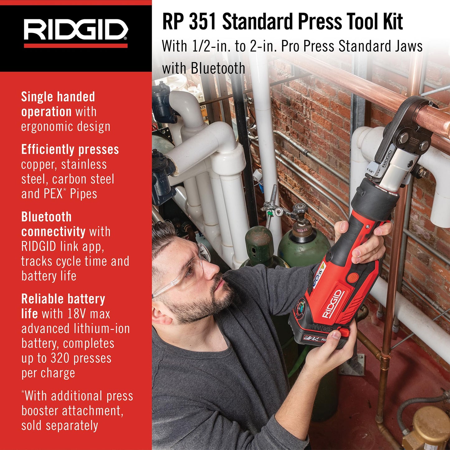 RIDGID 67178 Model RP 351 ProPress Standard Press Tool Kit with Battery, Charger, 1/2" to 2" Press Tool Jaws, and Carrying Case