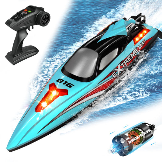 Levhorzn 34+MPH Brushless RC Boat for Adults & Kids with 2 Rechargable Batteries- Large 19” Remote Control Boat Toy, HJ816 Rc Speed Boats for Lakes & Rivers (Cyan)