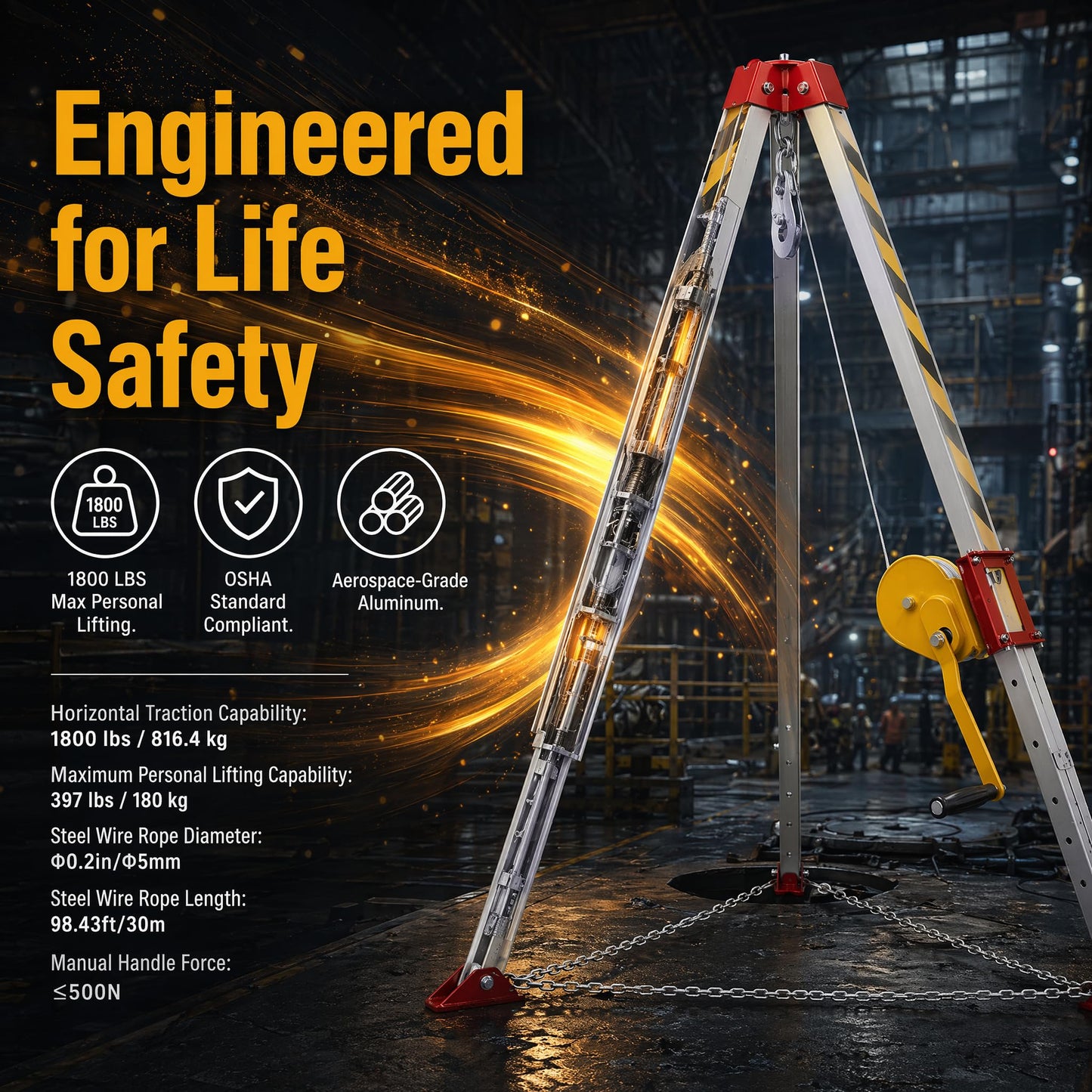 Lifting Winch Tripod Kit 1800lbs Confined Space Tripod Fall Protection Equipment 30m Steel Wire Rope Adjustable Height 4.40-7.1FT Safety Equipment Rescue Tripod Stand System