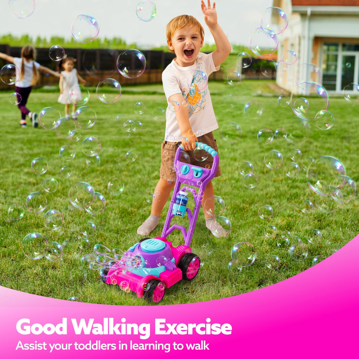 SLOOSH Bubble Lawn Mower Toddler Toys - Spill-Proof Bubble Machine Pretend Gardening Toy for Age 1 2 3 1-3 Year Old Toddler Indoor Outdoor Use, Baby Girl Push Toys Easter Birthday Gift (Pink)
