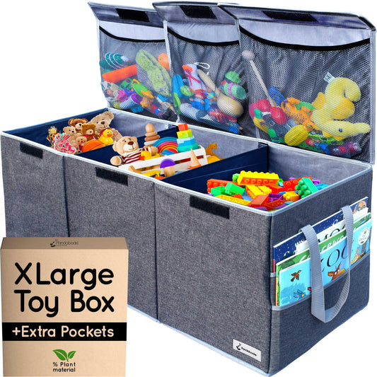 Pandabode Extra Large Toy Box - Big Sturdy Collapsible Chest - Toy Storage Organizer with Pockets - for Living Room or Kids bedroom- 36 x 16 x 12 in - Grey