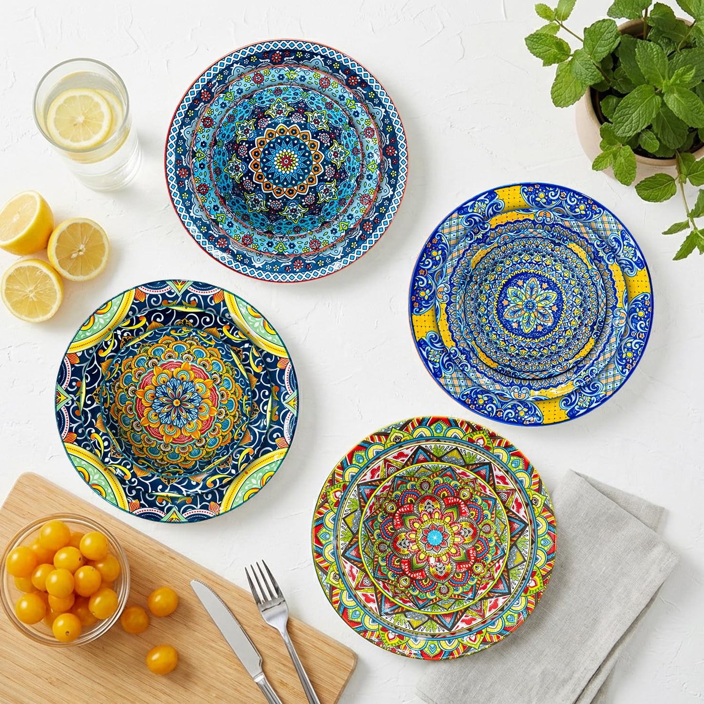 Romatlink 12 Pieces Dinnerware Sets, Ceramic Plates and Bowls Set, Microwave and Dishwasher Safe, Scratch Resistant, Bohemian Style Dishware Set, Service for 4